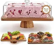 Cake Stand with Acrylic Dome Lid 2-in-1 Multifunctional Rectangular Shatterproof Dessert Table Display Set Acacia Wood Serving Platter, Veggie Tray, Fruit Bowl, Donut Plate by Homesphere Brown,79175