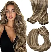 Sunny Human Hair Weft Brown Hair Extensions Real Human Hair Weft Highlights Human Hair Extensions Sew in Dark Brown Mix Caramel Blonde Highlights Weft Hair Extensions Human Hair Straight 100g 16inch