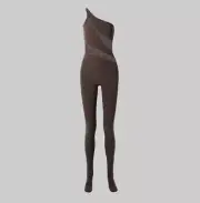 NORMA KAMALI One Shoulder Snake Mesh Catsuit Footsie Women's Sz XXS/32 Chocolate