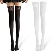 [Wisebom] Women's Self Adhesive Stockings 2 Pairs, 15 Den Sexy Lace Top Shiny Stockings High Stockings Lace Silicone Women Self Adhesive Self Supporting Stockings One Size, Black + White, multicoloured,