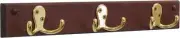 Wooden Mallet, Brass, Mahogany 3 Double Prong Hook Rail/Coat Rack