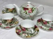 New Beautiful and Colorful ROYAL ALBERT Country Rose 9 Piece Tea Set