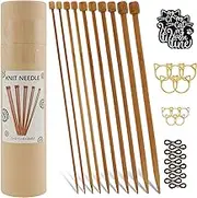 10Pcs Bamboo Knitting Needles, 9.84inch Length Smooth Single Pointed Knitting Hooks with Knitting Buckles, 3/4/5/6/8mm DIY Knitting Needle Set for Weaving Sweaters Hats Scarves