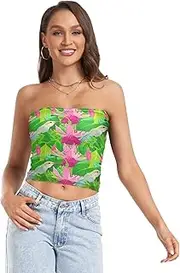 [RPLIFE] Vibrant Hummingbird Pink Green Crop Top Sheer Tube Tops, Strapless Top, Summer Crop Tops (S)