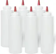 Pinnacle Mercantile Plastic Condiment Squeeze Bottles with Red Tip Cap 16-Ounce Set 6 for Ketchup, Mustard, BBQ, Dressing, Sauces, Crafts and More