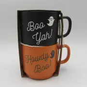 COBWEBS & CAULDRONS HALLOWEEN BOO YAH! & HOWDY BOO! STACKABLE MUGS SET OF 2 NEW