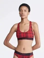 Calvin Klein Women's Modern Cotton Holiday Unlined Bralette, Rough Plaid Red M