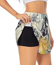 [WURTON] Skull Flower Print Exercise Gym Workout Shorts Women's Athletic Shorts Dual-Layered Yoga Running Shorts