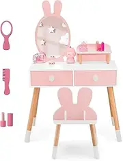 HONEY JOY Kids Vanity Table & Chair Set, 2-in-1 Princess Makeup Dressing Desk w/Mirror, 2 Drawers & Storage Shelf, Cute Rabbit Pretend Play Vanity Set w/Solid Wood Legs for Girls, Pink