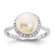 Sterling Silver 9-10mm Freshwater Cultured Pearl and Cubic Zirconia Ring Size 8