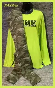 Victoria's Secret Pink Campus Tee Shirt + Compression Leggings Set Lime Camo L