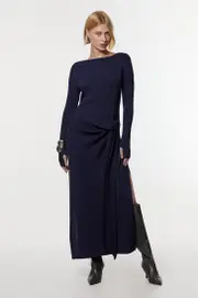 Petite Wool Tencel Ribbed Knit Tie Detail Maxi Dress
