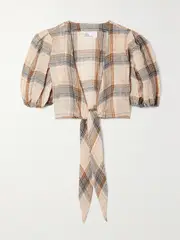 [Lisa Marie Fernandez] Lisa Marie Fernandez - + Net Sustain Pouf Cropped Tie-front Checked Linen-blend Gauze Top - Peach - 2 2 Orange