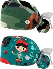 [YTYVAGT] 2-Pc,Nurse Scrub Caps,Scrub Hats with Buttons and Cotton Sweatband,Camouflage Dachshund Dog