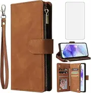 [Asuwish] Mobile Phone Case for Samsung Galaxy A55 5G Case with Screen Protector and Card Slot Foldable Leather Wallet Stand A 55 55A A555G Zip Mobile Phone Cases Protective Phone Case Brown