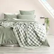 Renee Taylor Gingham Washed Cotton Yarn Dyed Revesible Textured Blanket Emerald