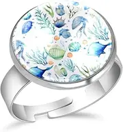 [FVQL] Adjustable Ring for Girls, abstract pattern fish, 0.67inch/1.7cm, Glass, glass