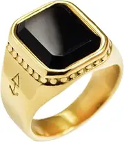[ROCK & STEEL GERMANY] Rock and Steel Men's Zeus Gold Signet Ring with Onyx Stone Silver Stainless Steel Ring