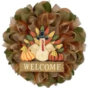 Wood Thanksgiving Turkey With Welcome Sign Burlap Deco Mesh Wreath Handmade