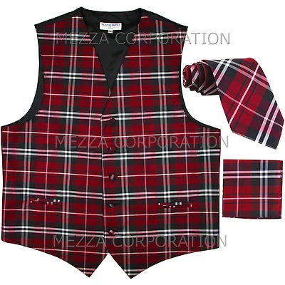 New Vesuvio Napoli Men's plaid Tuxedo Vest Waistcoat_Necktie & Hankie set Red