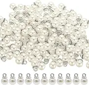[Wzenclave] 100Pcs White Imitation Pearl Pendant Faux Pearl Bead Pendant Jewelry Necklace Bracelet Earring DIY Making Accessories Crafts with Silver Crystal Rhinestone Caps for Craft DIY Jewelry Making