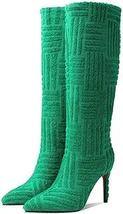 [Gikleihwy] Women's Wide Calf Knee High Boots, Fur-Lined Low Hidden Wedge Boots Chunky Heel Pointed Toe Suede Slip on Slouchy Boots(Stilettos Green,8 US)