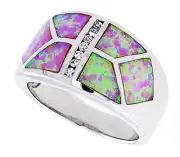 Women Sterling Silver Rhodium Plated, Pink Opal Dome Band CZ stone Accents 12mm