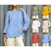 Women's Blouse Solid Color Vintage Casual Boho Long Sleeve Round Neck Regular Tops Daily Weekend Patchwork White Yellow Red Sky Blue Khaki Spring, Fall, Winter