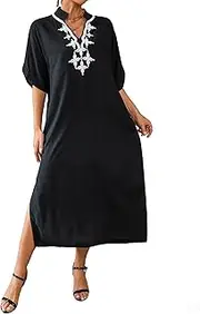 [Bsubseach] Women Embroidery Short Sleeve Bikini Swimsuit Cover Up Side Split Beach Kaftan Dress