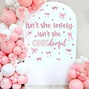 Isn't She Lovely Isn't She Onederful Decal Sign Sticker for Balloon Arch Backdrop Photography Background Wall Decor, Pink Bow 1st Birthday Party Decorations, Girls First Birthday Supplies