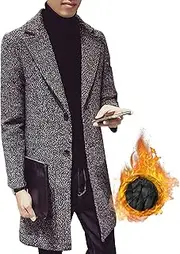 [Qolkmuiy-GJ] Men's Herringbone Wool Blend Long Overcoat Woollen Business Casual Trench Notched Lapel Single Breasted Coat
