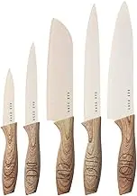 Rae Dunn Everyday Collection Set of 5 Stainless Steel Knives with Sheaths- Chef, Paring, Bread, Santoku Knives- (White)