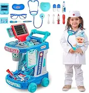 Caunedy Doctor Play Sets for Kids with Medical Rolling Cart,Doctor Costume Stethoscope and Doll,Role Play Medical Toy for Kids Aged 3 4 5