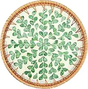 Round Rattan Serving Tray Handmade Rattan Storage Tray Ottoman Tray Valet Tray Basket Tray Coffee Table Tray Desktop Organizer Tray for Table Decor Storage and Display (Green Leaf)