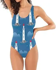 [RPLIFE] Whimsical Sweet Lighthouse Blue Bathing Suit Womens, Curvy One-Piece Swimsuits for Women Funky Swimsuit Women