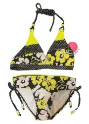 Justice Girls Swimsuit Bikini Yellow Black 14 Halter Tie Cinch Sides 2 Piece Set