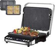 Fully Automatic Electric Frying Pan, 2000W Panini Press with Waffle Plate & Oil Box, Removable, with Touch Screen and 180° Adjustable, Non-Stick Waffle Maker for Single Waffles, Panini