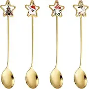 Christmas Stirring Spoons | 4X Gold Spoons | Creative Ice Cream Spoon for Stirring, Mixing, Sugar, Stir, Ice Cream, Cake