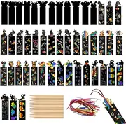 Animal Bookmarks Set for Children - 48 Pieces Rainbow Scratch Art With 24 Wooden Stylus and 48 Colorful Ribbons, Colorful Art DIY Bookmarks for Classroom Activities Birthday Toy Gift Set,Game Activity