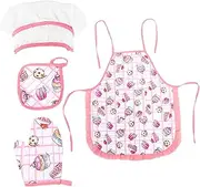 BESTonZON Kids Chef Set - Toddler Apron and Hat, Cooking Tools, Kitchen Accessories - Pink Fabric for Boys and Girls