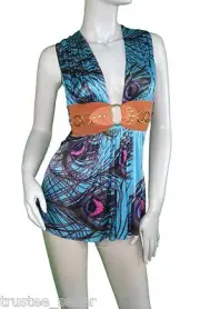 NWT SKY Brand Auhra Peacock Blue Print Belt Sexy Clubbing Party Top Blouse