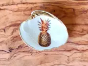 Pineapple Decoupage Clam Shell - Gold & White Ring Dish, Seashell Trinket Dish