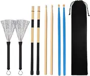 Drum Sticks 2 Pair 5A Maple Wood Drum Sticks,1 Pair Retractable Drum Wire Brushes and 1 Pair Rods Drum Brushes set for Kids, Adults, Rock Band, Jazz Folk Students with Portable Storage Bag