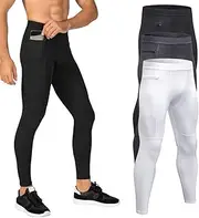 [POIHIDE] 3 Pack Men's Compression Activewear Leggings with Zip Pockets Cool Dry Workout Leggings Running Baselayer Yoga Pant