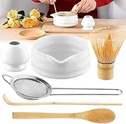 Roczential 5-Pack Matcha Set with Matcha Whisk Stand, Bamboo Matcha Whisk, Bowl with spout, Bamboo Matcha Spoon and Stainless Steel Sieve, Matcha Tea Set (White)