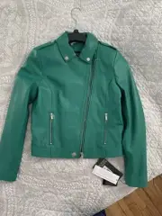 $795 Badgley Mischka Leather Moto Green Emerald Jacket Small
