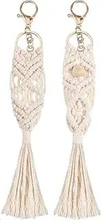 [Generic] 2 Pieces Mini Macrame Keychains Boho Macrame Bag Charms with Tassels Handcrafted Accessory for Car Key Purse Phone Supplies, Beige
