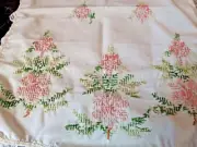 Vintage cross stitch table runner hand stitched 1970s pink shades lace edge 595