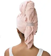 BMQY Long Hair Towels Wrap for Women,Quick Dry Hair Turban Microfiber 60x100CM, Soft Hair Drying Towel with Elastic Strap Girls Wet Long Curly Thick Hair (Pink)
