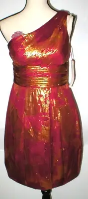 New NWT $310 Womens 6 Aidan Mattox Silk Metallic One Shoulder Dress Red Gold